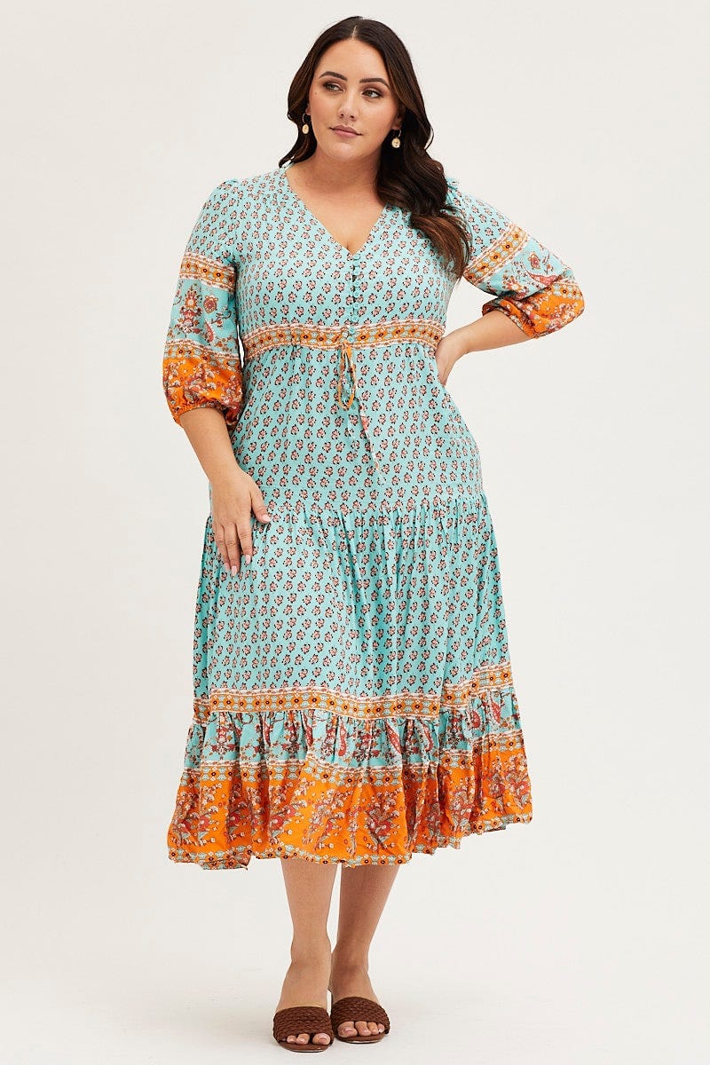 Boho Print Maxi Dress V-neck Long Sleeve - Image 3