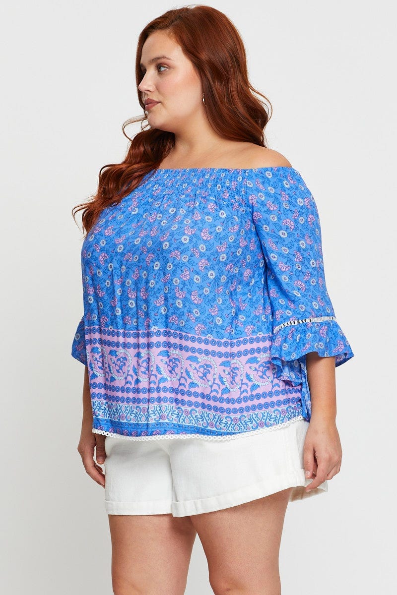 Boho Print Shell Top Half Sleeve Ruffle - Image 3