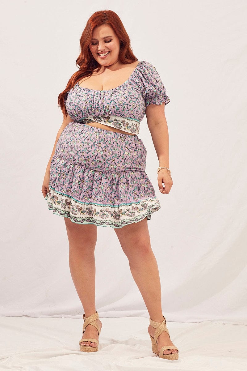 Boho Print Short Sleeve Boho Tie Back Crop Top - Image 2