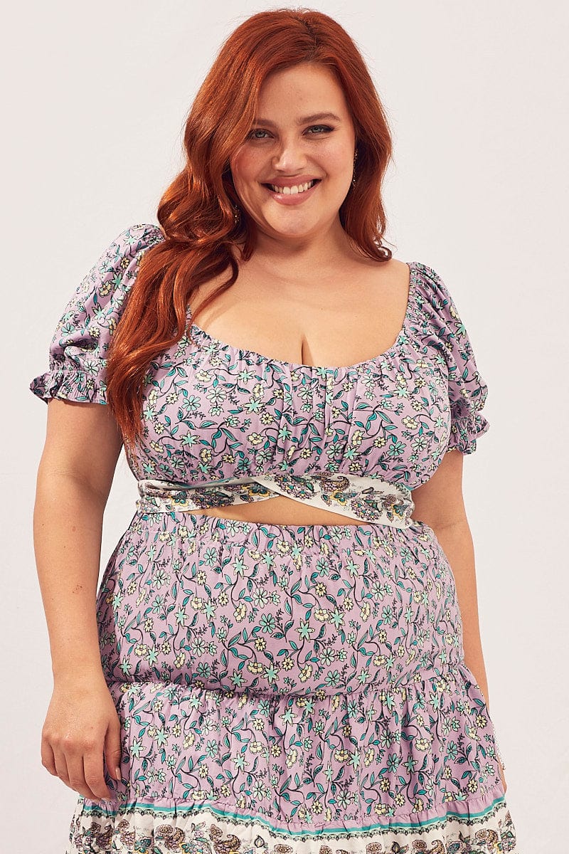Boho Print Short Sleeve Boho Tie Back Crop Top - Image 3