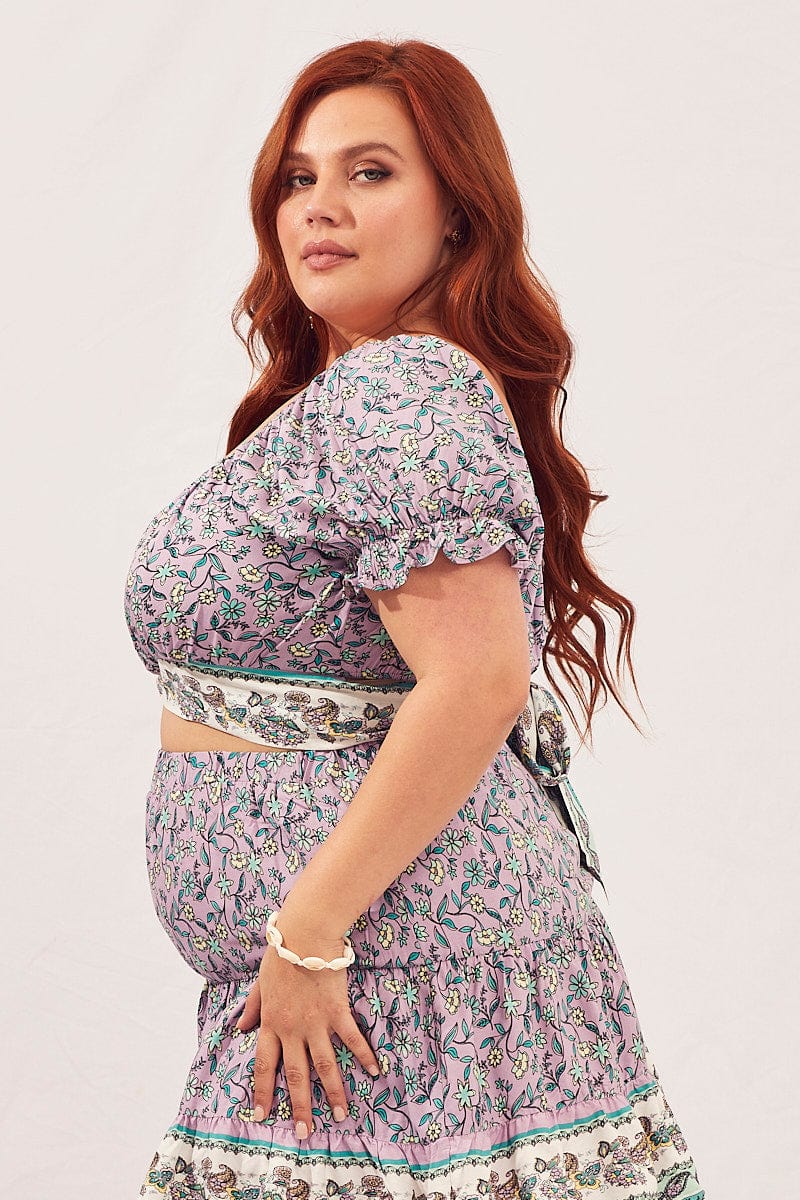 Boho Print Short Sleeve Boho Tie Back Crop Top - Image 4