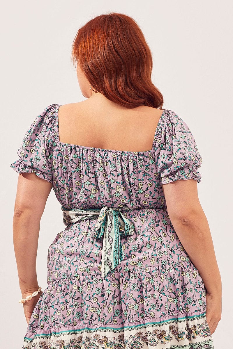 Boho Print Short Sleeve Boho Tie Back Crop Top - Image 5