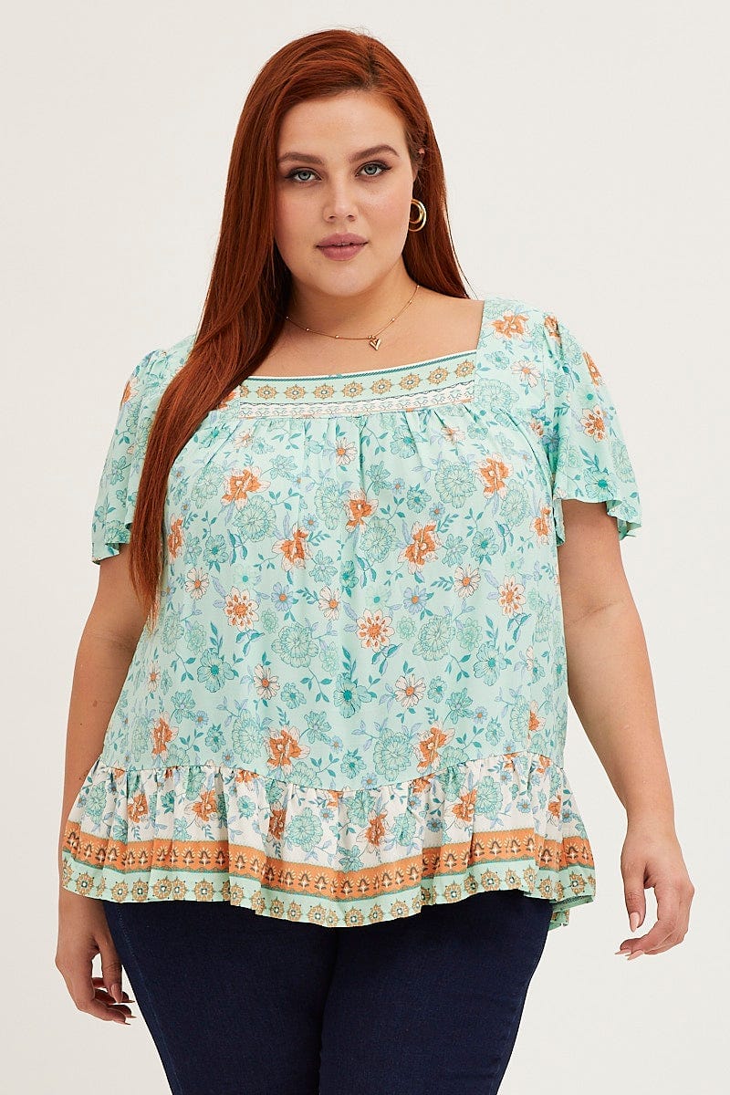 Boho Print Short Sleeve Square Neck Smock Top - Image 3
