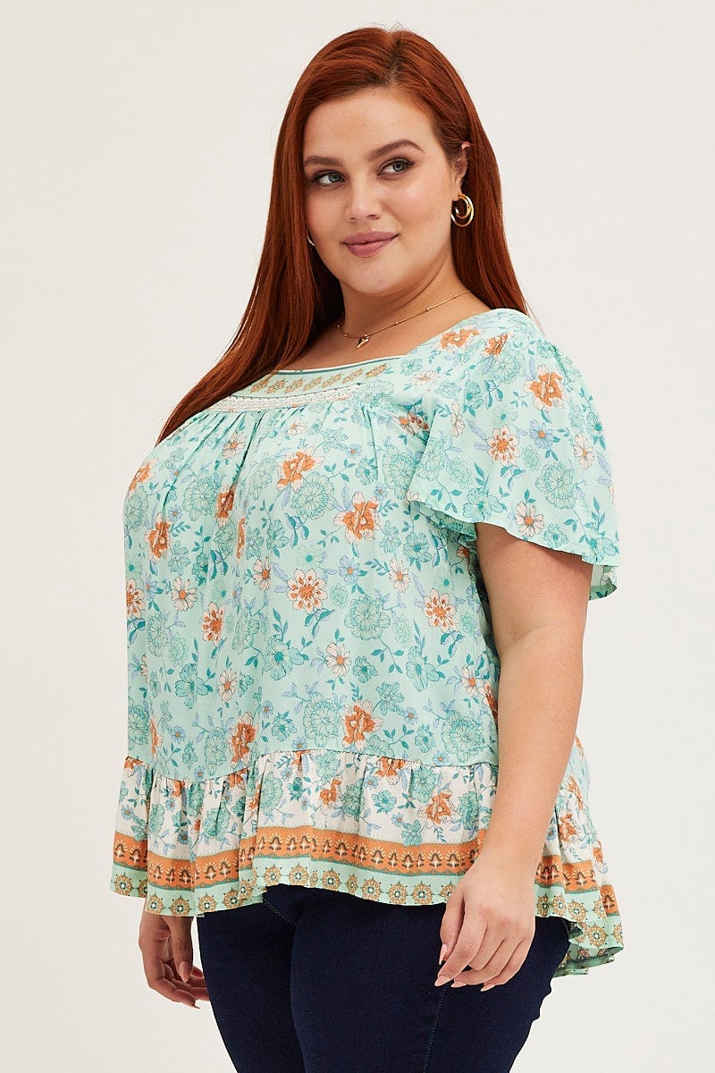 Boho Print Short Sleeve Square Neck Smock Top - Image 4