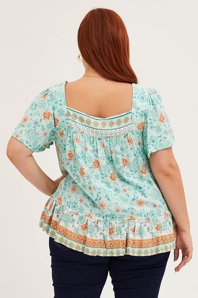 Boho Print Short Sleeve Square Neck Smock Top - Image 5