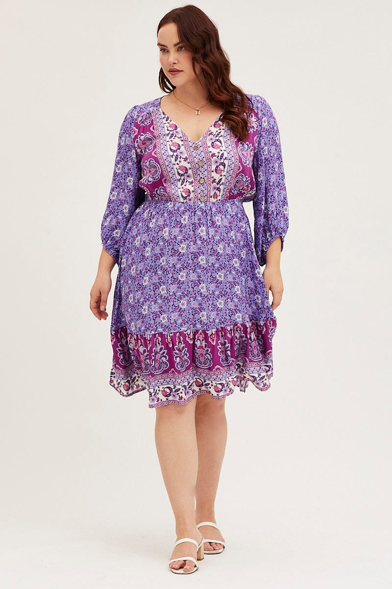 Boho Print Skater Dress V-neck Long Sleeve - Image 3