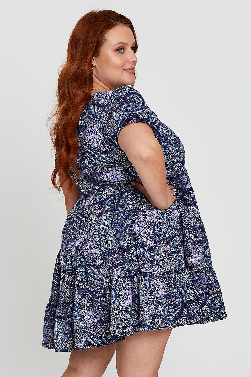Boho Print Smock Dress Square Neck Short Sleeve - Image 4