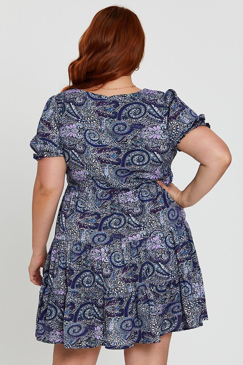 Boho Print Smock Dress Square Neck Short Sleeve - Image 5