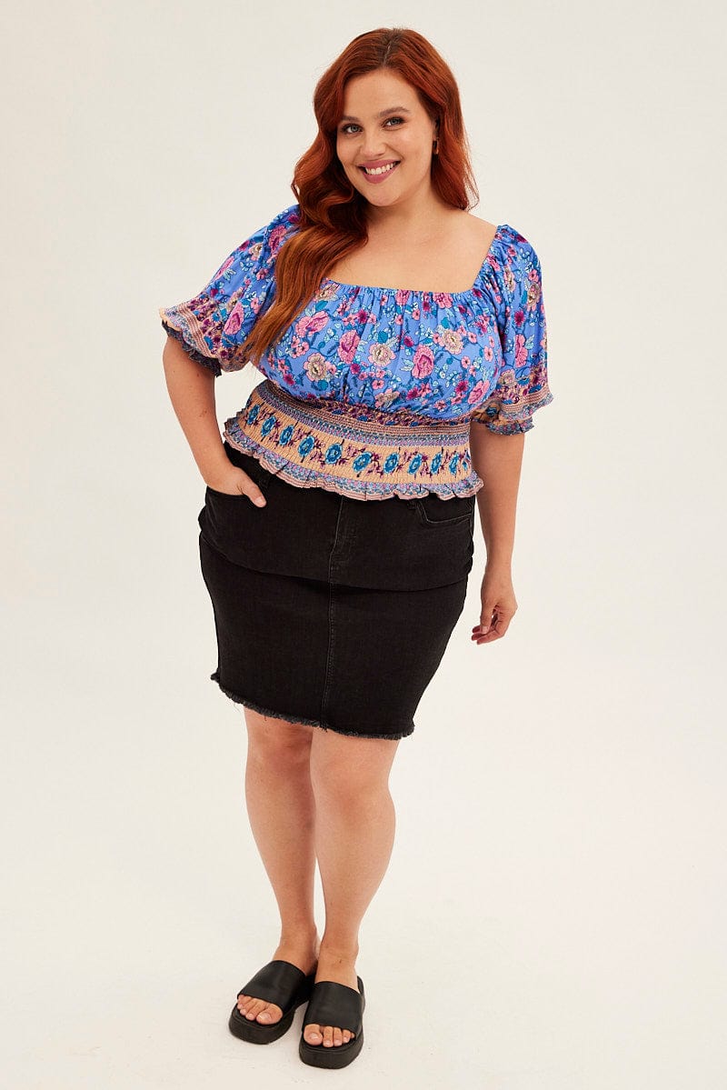 Boho Print Boho Half Puff Sleeve Frilled Hem Shirred Top - Image 2