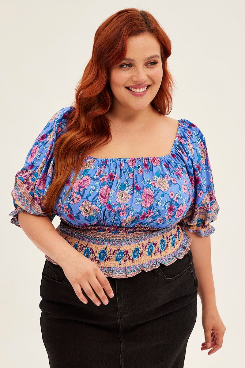 Boho Print Boho Half Puff Sleeve Frilled Hem Shirred Top - Image 3