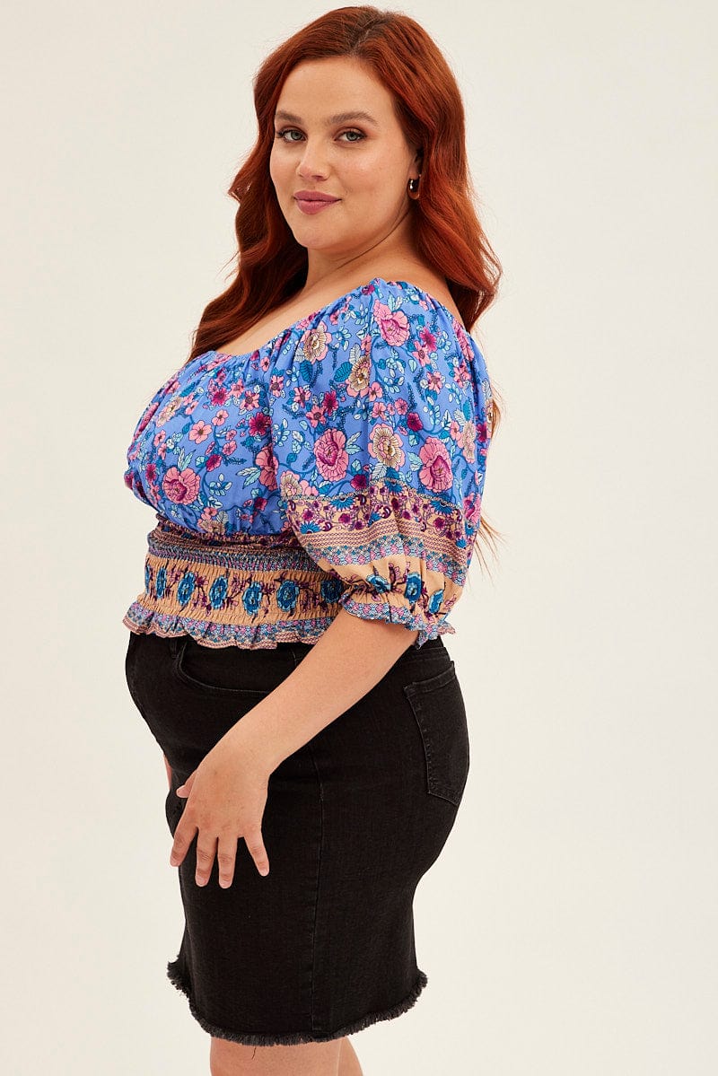 Boho Print Boho Half Puff Sleeve Frilled Hem Shirred Top - Image 4