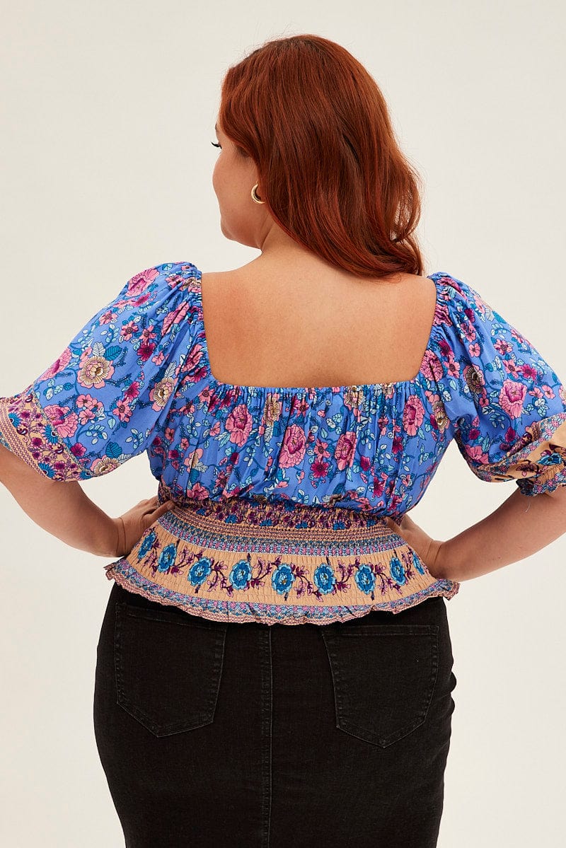 Boho Print Boho Half Puff Sleeve Frilled Hem Shirred Top - Image 5