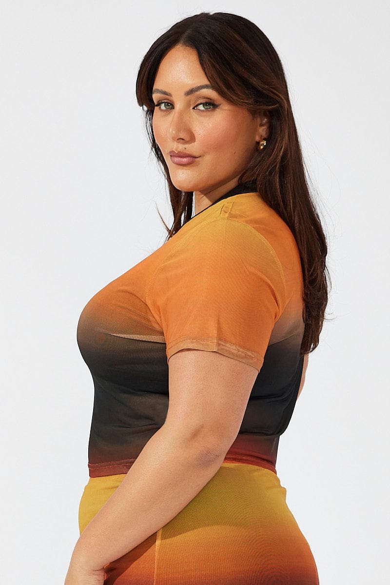 Brown Abstract Crop T-shirt Mesh Short Sleeve - Image 4