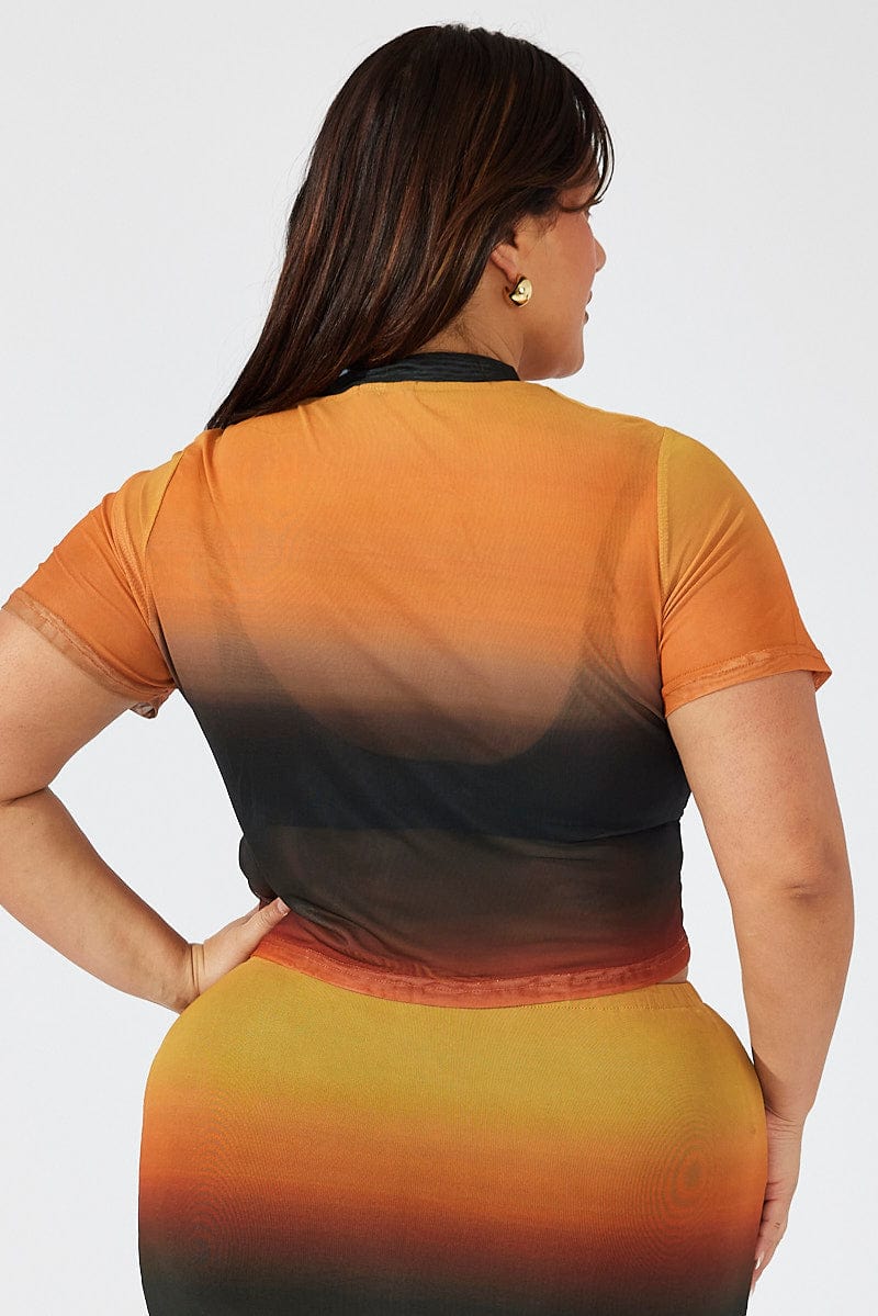 Brown Abstract Crop T-shirt Mesh Short Sleeve - Image 5