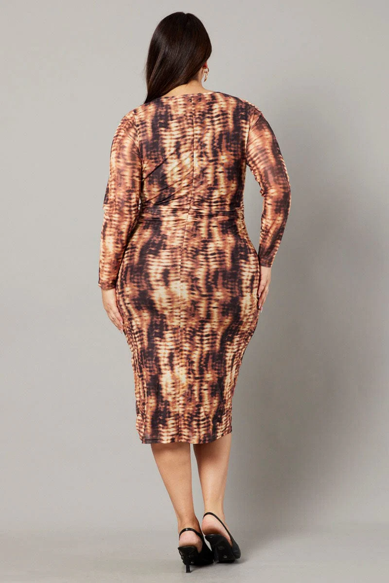 Brown Abstract Long Sleeve Mesh Tie Dye Midi Dress - Image 5