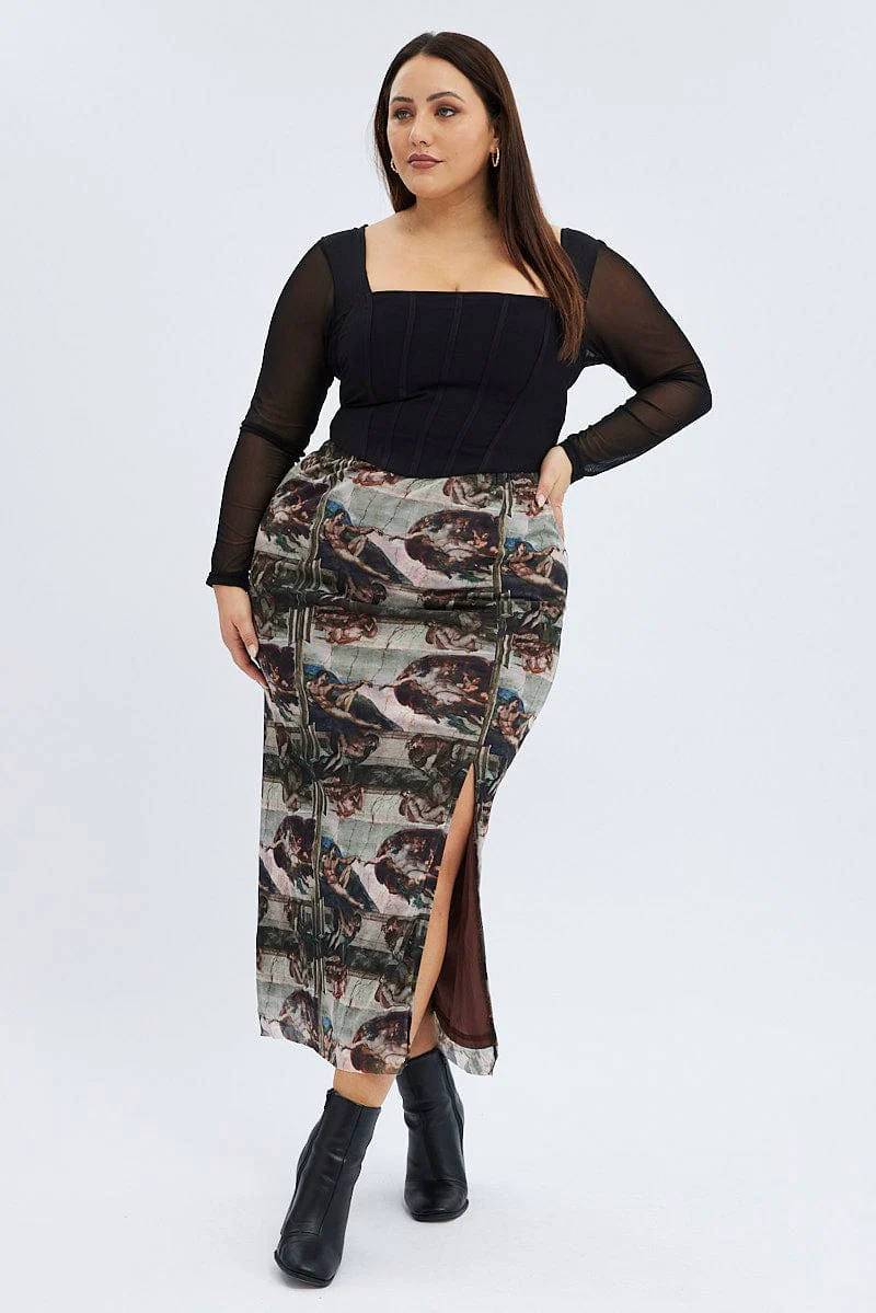 Brown Abstract Midi Skirt Mesh - Image 3
