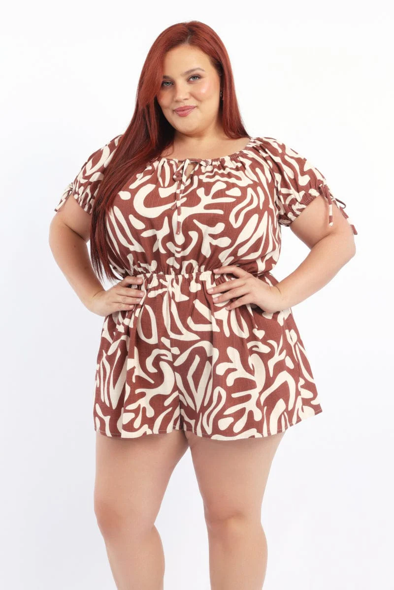 Brown Abstract Playsuit Short Sleeve Linen Blend - Image 2