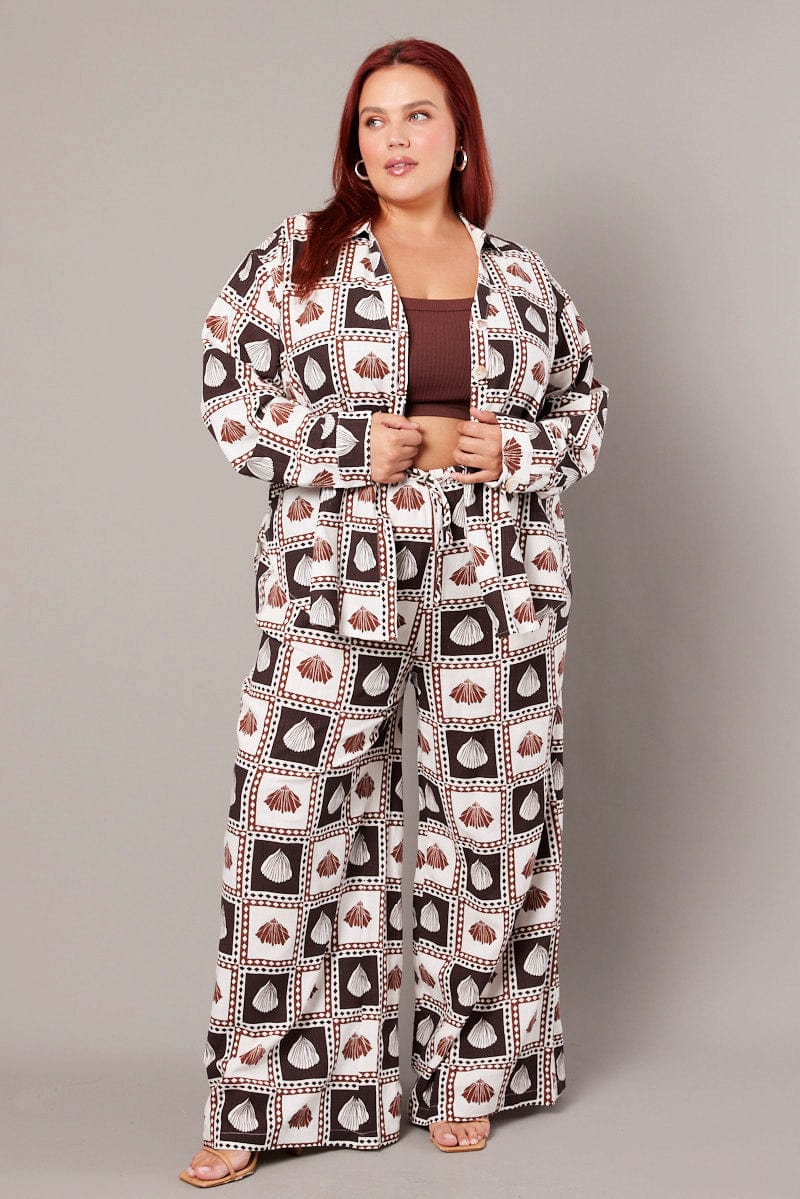 Brown Abstract Relaxed Shirt Long Sleeve Linen Blend - Image 2