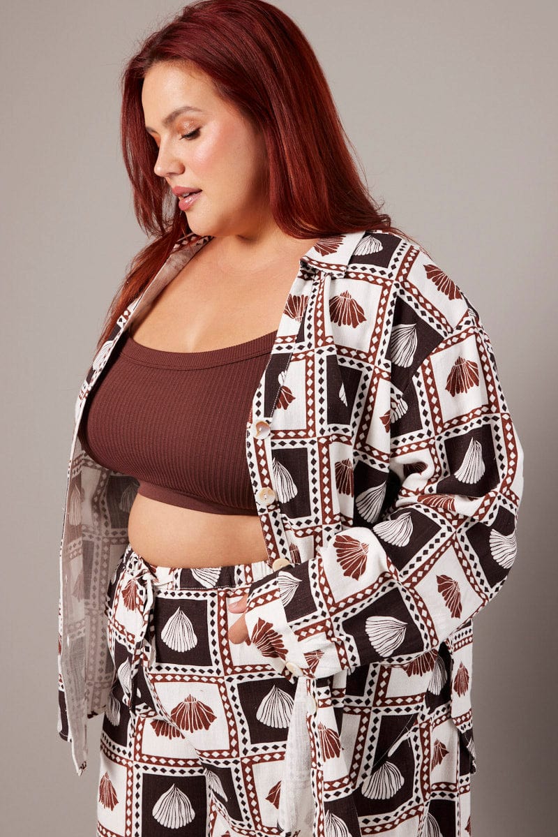 Brown Abstract Relaxed Shirt Long Sleeve Linen Blend - Image 3