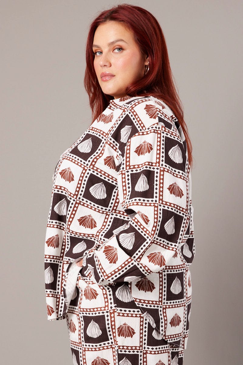 Brown Abstract Relaxed Shirt Long Sleeve Linen Blend - Image 4