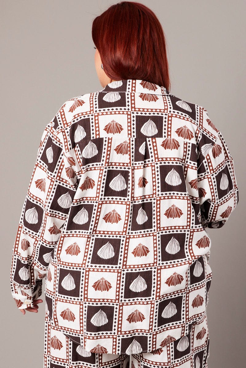 Brown Abstract Relaxed Shirt Long Sleeve Linen Blend - Image 5