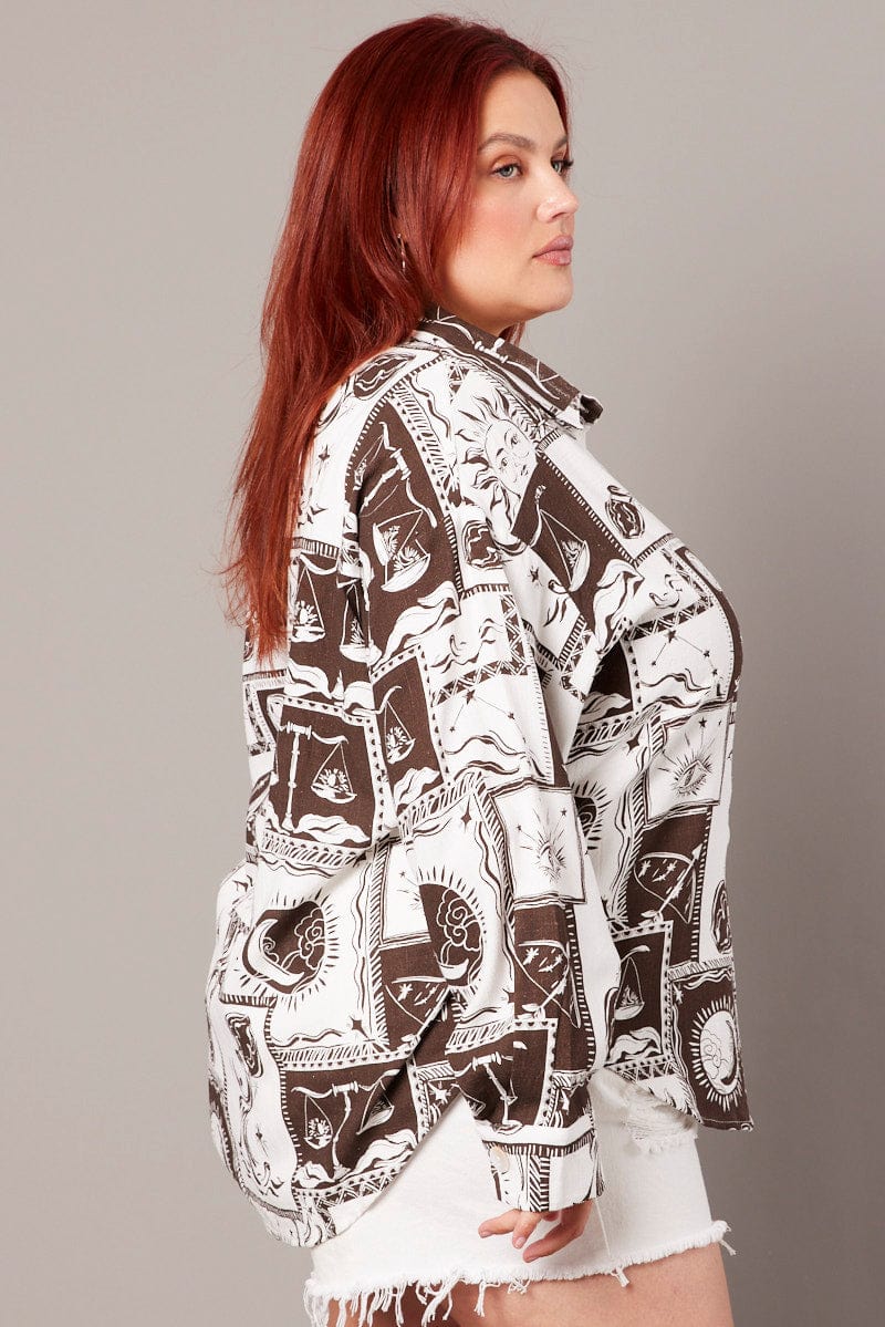 Brown Abstract Relaxed Shirt Long Sleeve Linen Blend - Image 4
