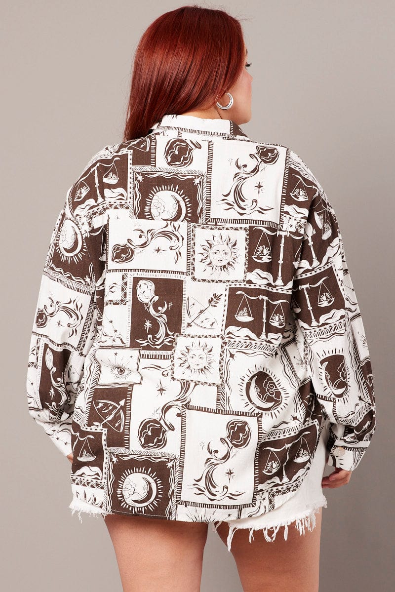 Brown Abstract Relaxed Shirt Long Sleeve Linen Blend - Image 5