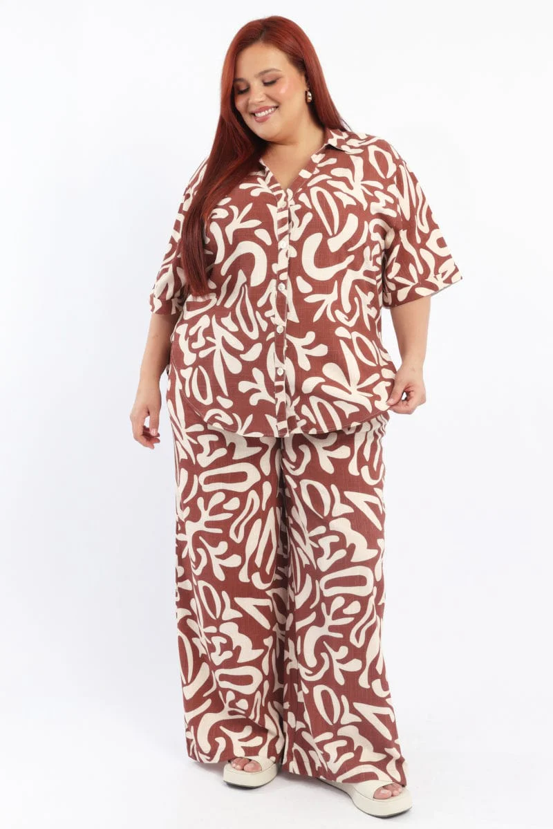 Brown Abstract Relaxed Shirt Short Sleeve Linen Blend - Image 3
