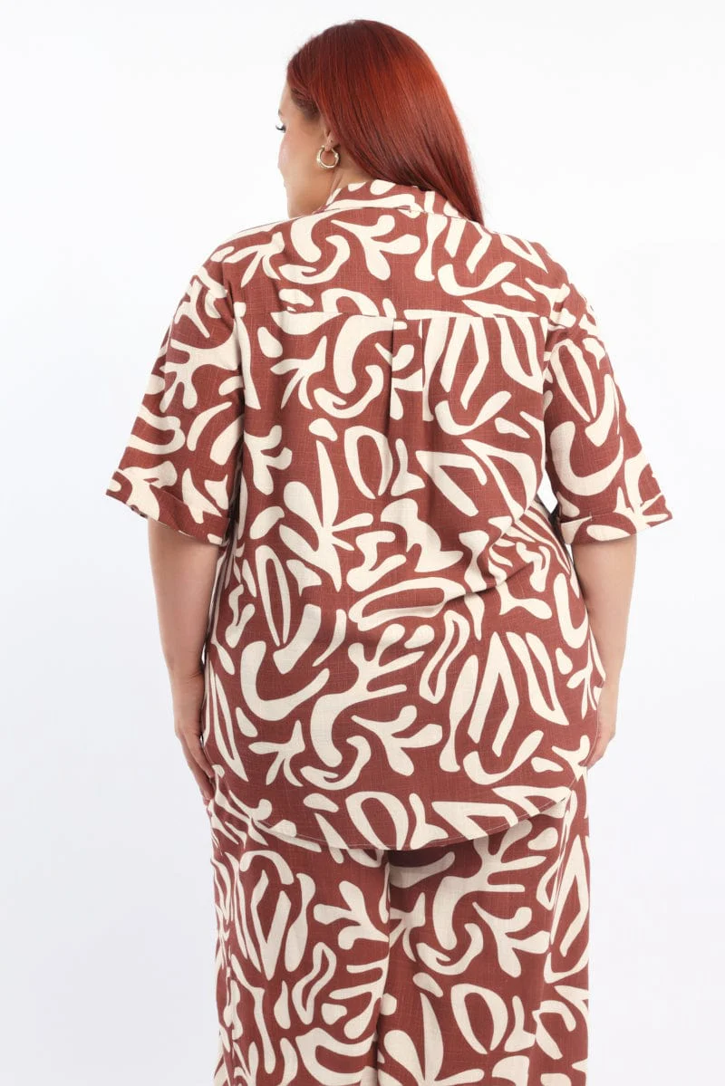 Brown Abstract Relaxed Shirt Short Sleeve Linen Blend - Image 5