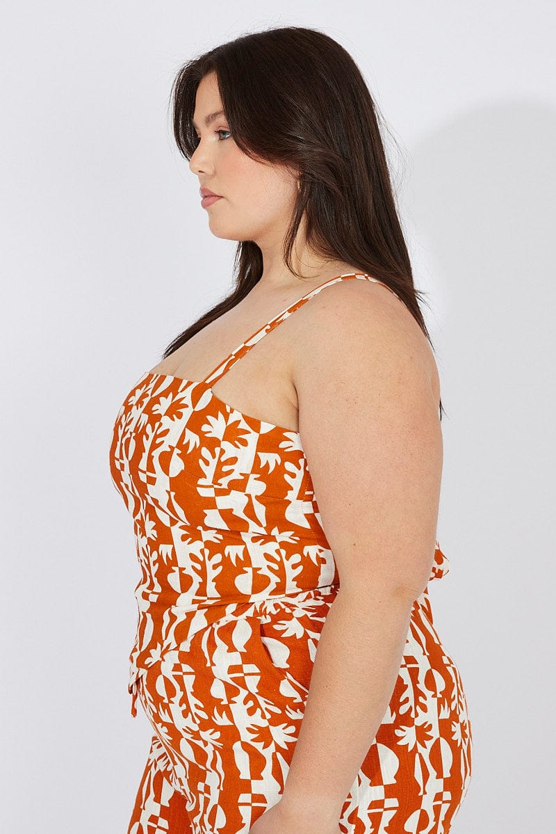 Brown Abstract Scarf Top Sleeveless Linen Blend - Image 4