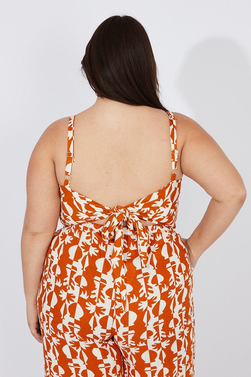 Brown Abstract Scarf Top Sleeveless Linen Blend - Image 5