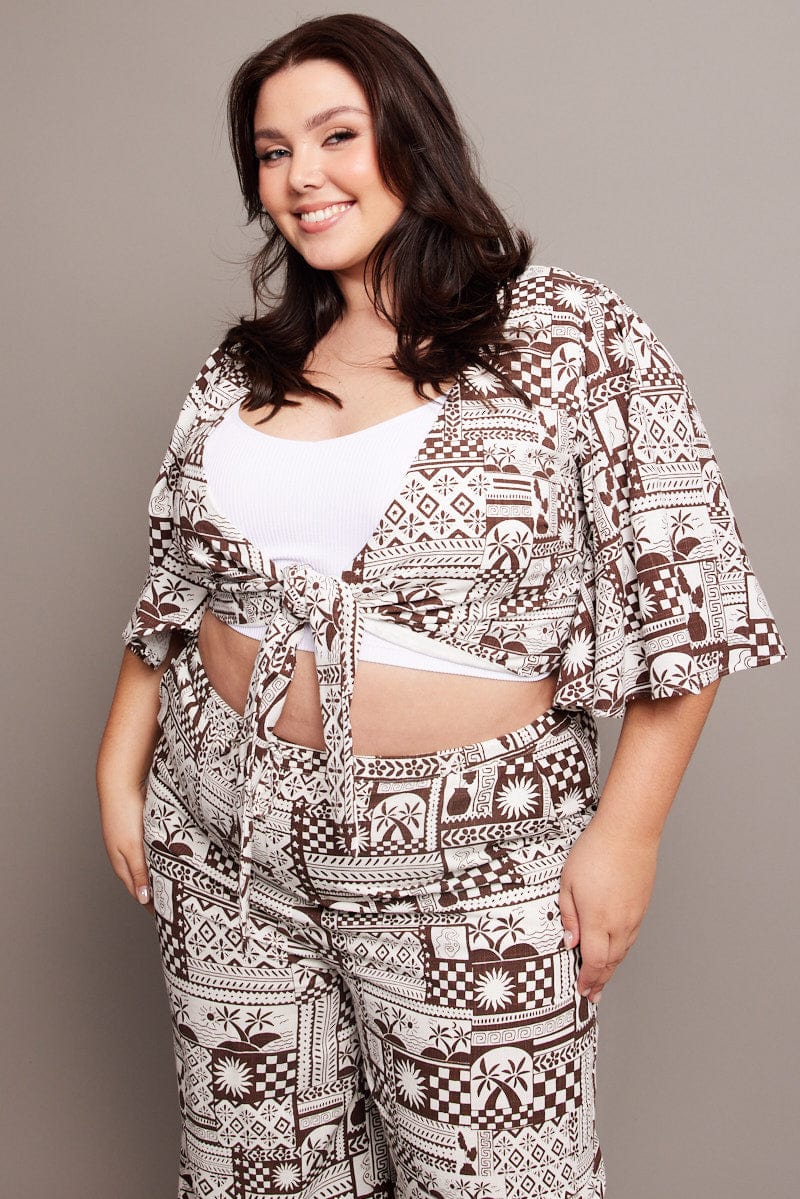 Brown Abstract Tie Flare Sleeve Linen Blend Bolero Jacket - Image 3