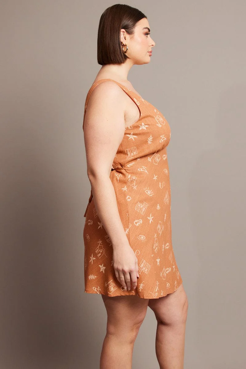 Brown Abstract V-neck Sleeveless Mini Dress - Image 4