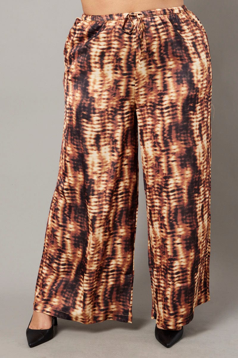 Brown Abstract Wide Leg Pants High Rise Satin - Image 2