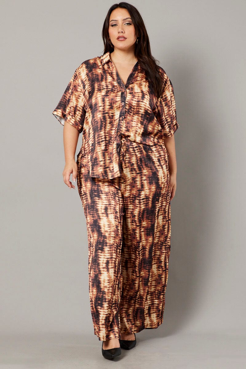 Brown Abstract Wide Leg Pants High Rise Satin - Image 3