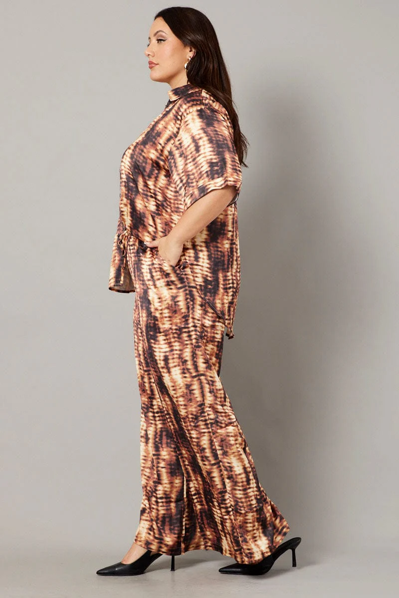 Brown Abstract Wide Leg Pants High Rise Satin - Image 4