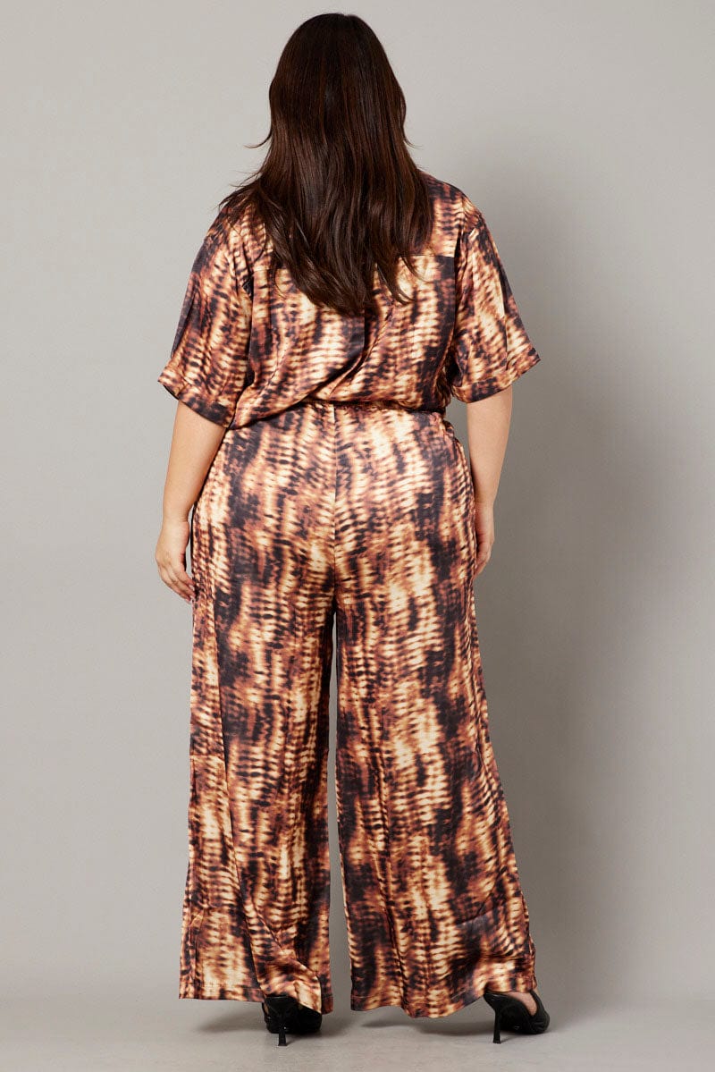 Brown Abstract Wide Leg Pants High Rise Satin - Image 5