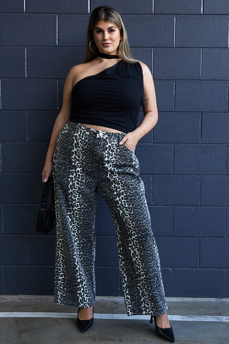 Brown Animal Print Baggy Jeans Mid Rise