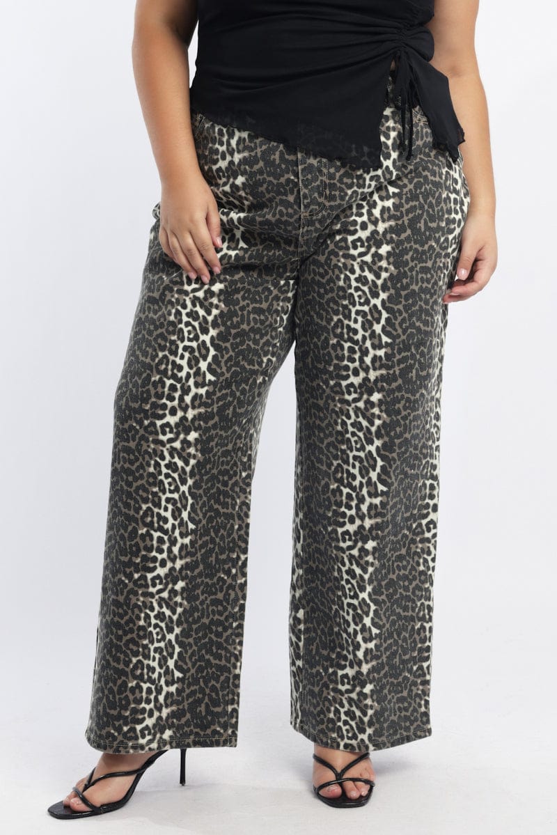 Brown Animal Print Baggy Jeans Mid Rise - Image 3
