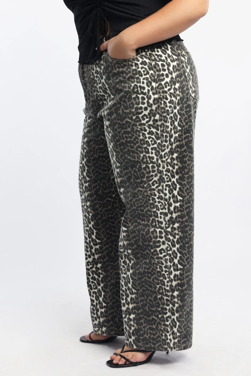 Brown Animal Print Baggy Jeans Mid Rise - Image 4