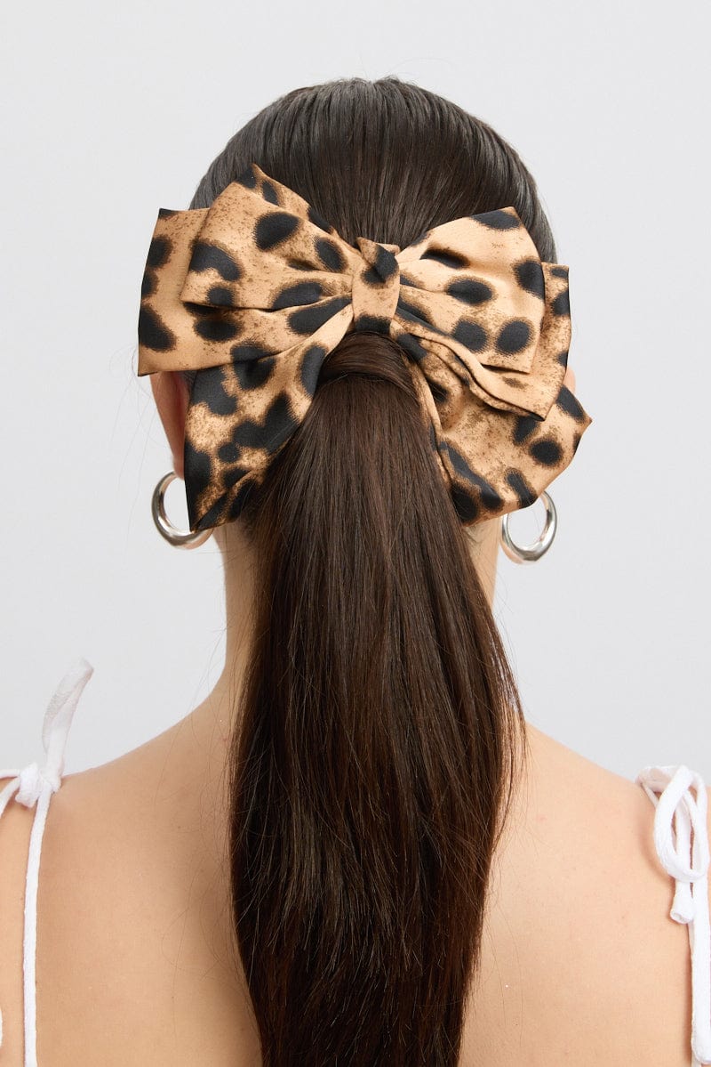 Brown Animal Print Bow Hair Clip