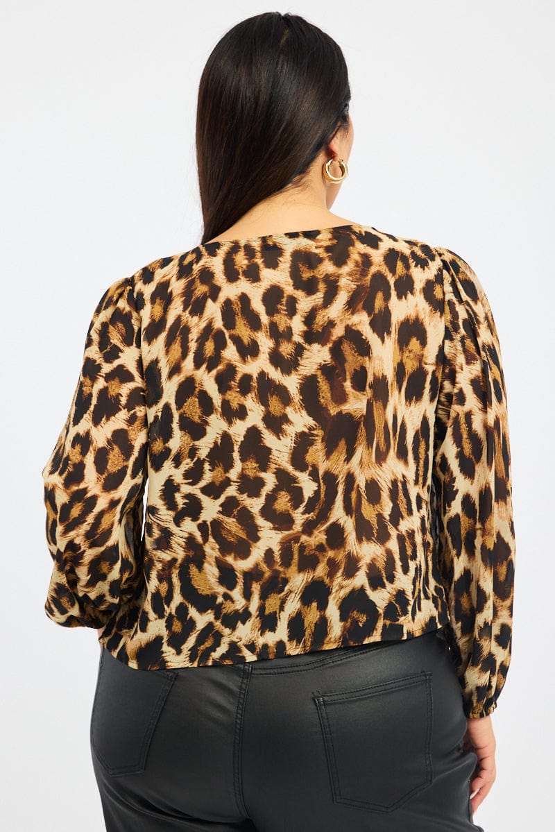 Brown Animal Print Chiffon Top Long Sleeve Open Front - Image 4