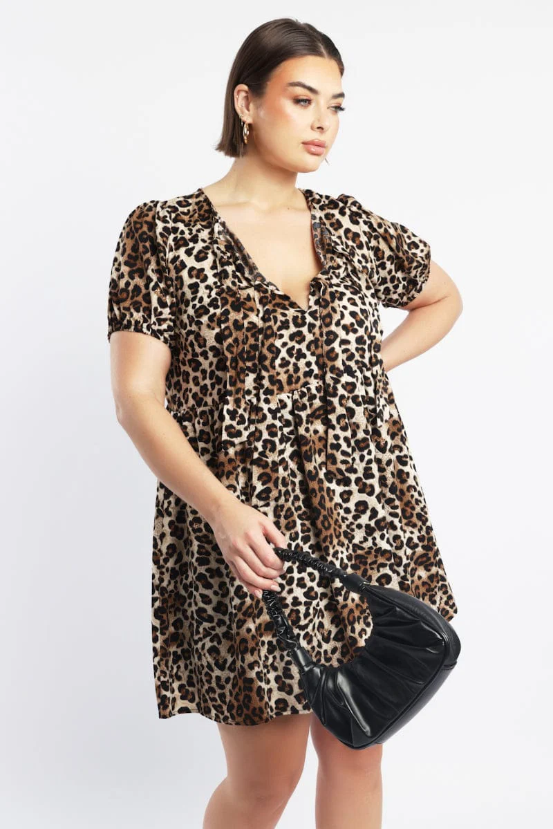 Brown Animal Print Contrast Bow Leopard Minidress - Image 2