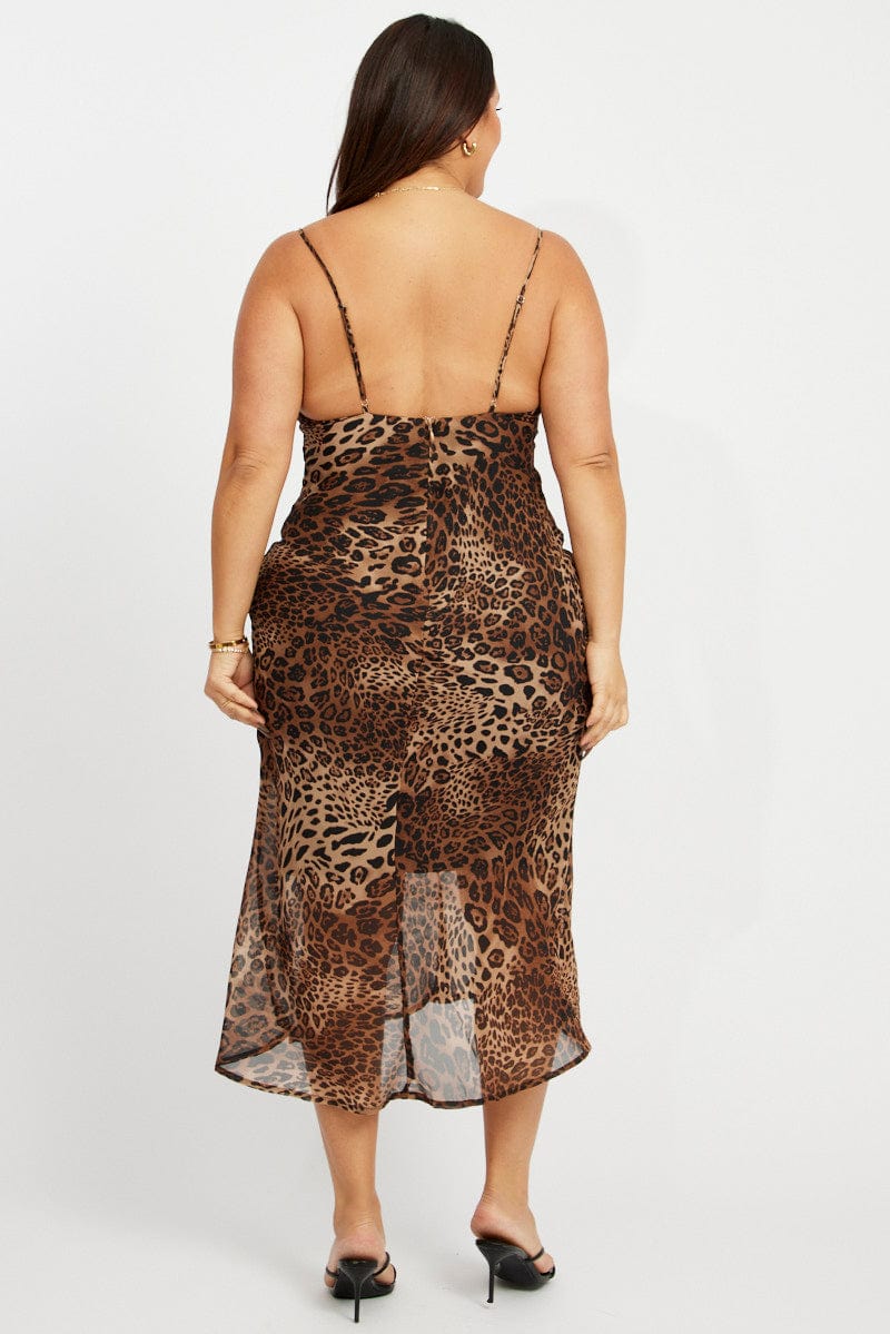 Brown Animal Print Cowl Neck Bias Chiffon Dress - Image 5