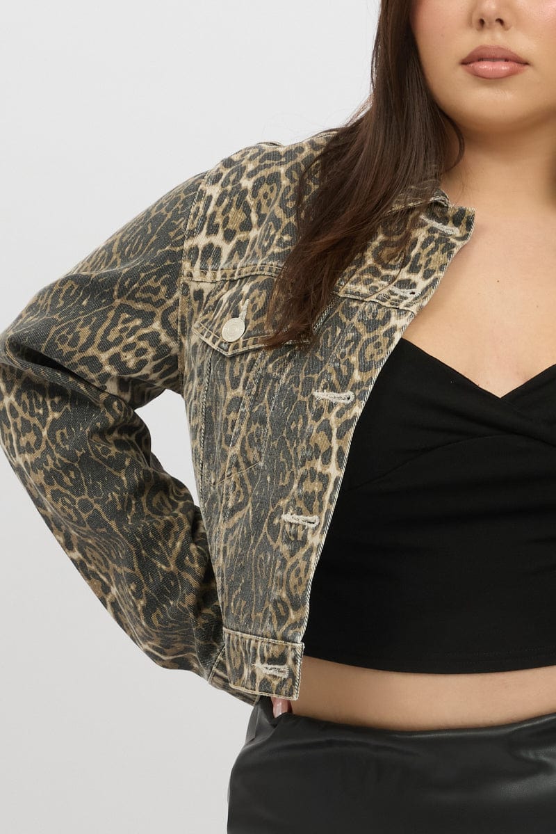 Brown Animal Print Cropped Leopard Washed Jean Jacket - Image 6