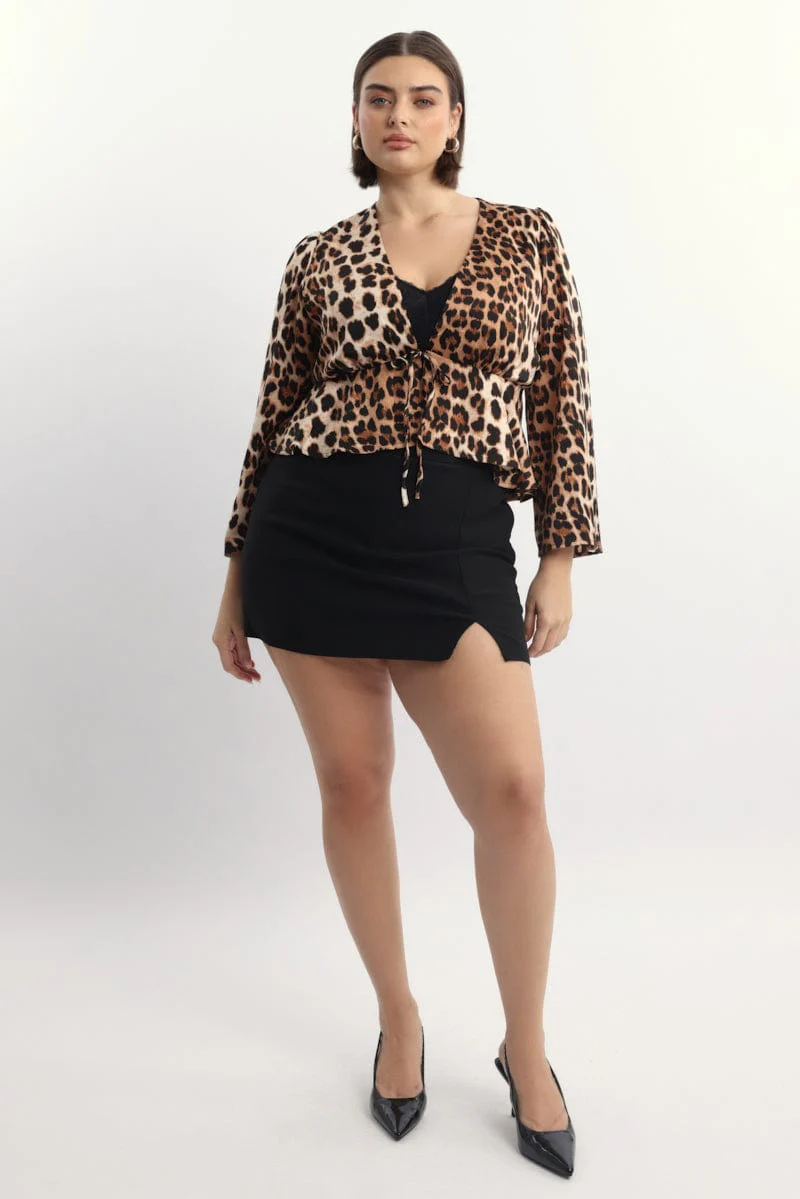 Brown Animal Print Flare Sleeve Tie Top - Image 2