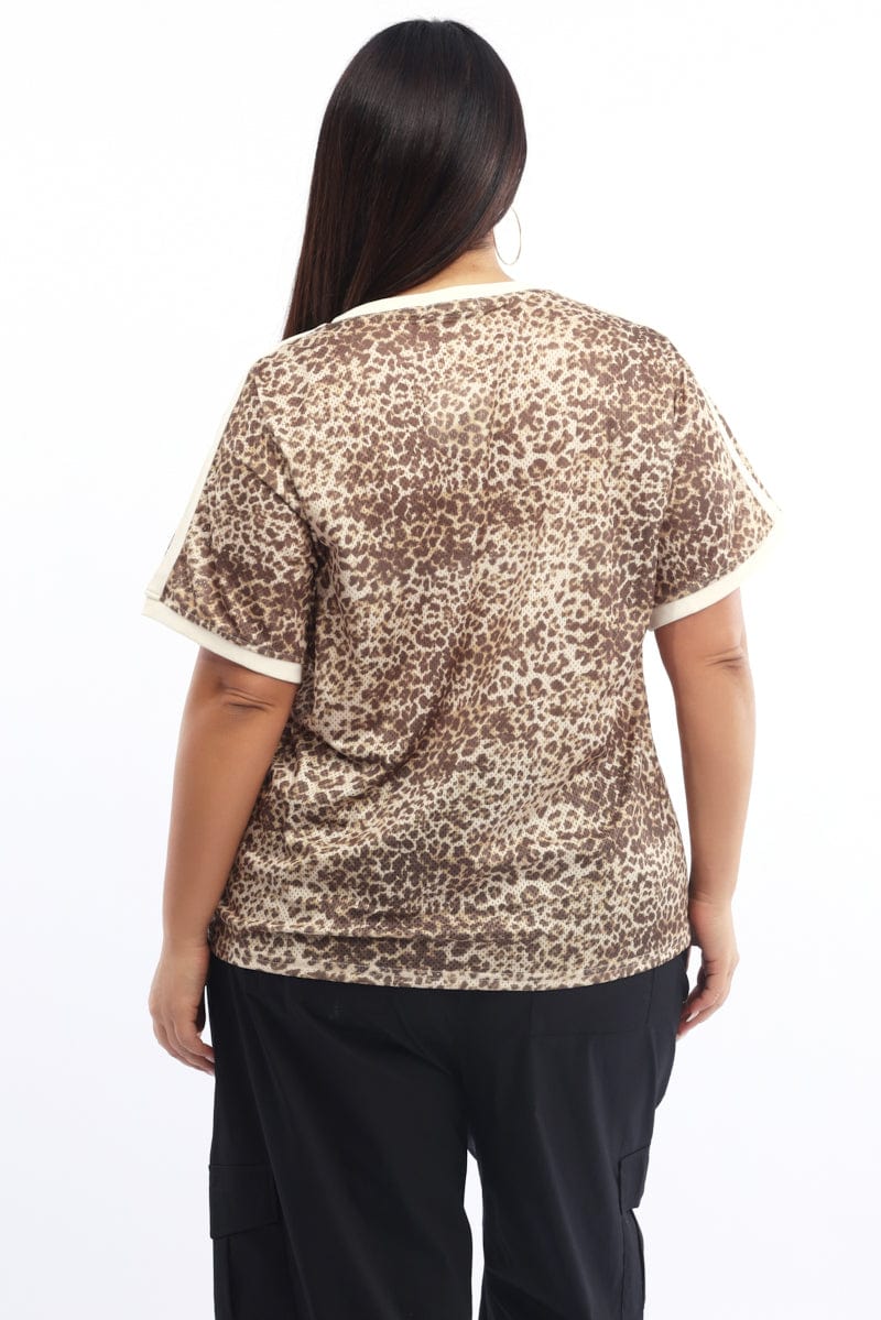 Brown Animal Print Graphic T Shirt Short Sleeve V Neck - Image 5
