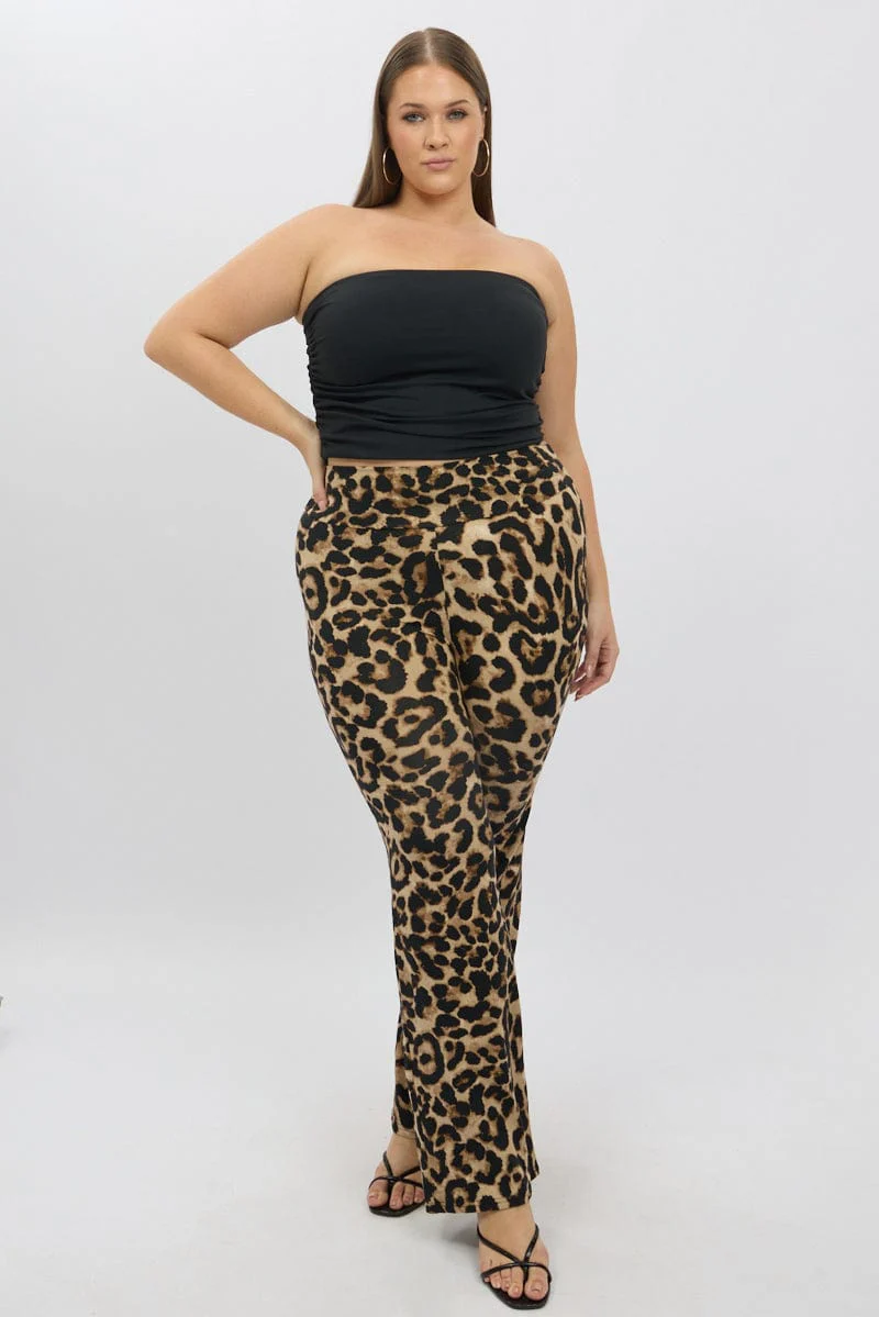 Brown Animal Print Jersey Leopard Flare Pants