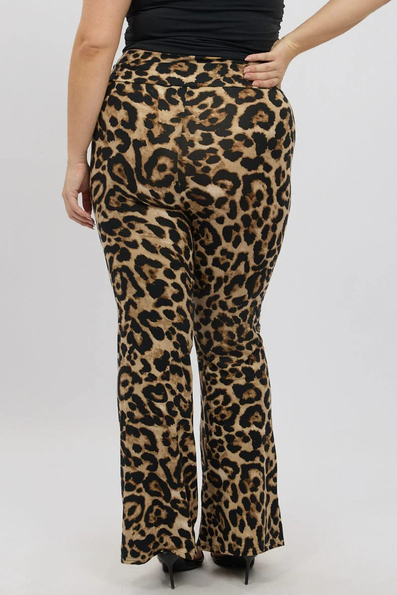 Brown Animal Print Jersey Leopard Flare Pants - Image 5