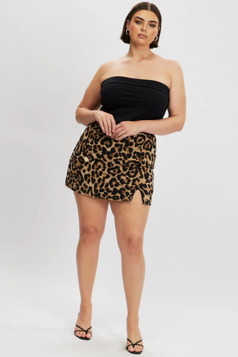 Brown Animal Print Jersey Split Leopard Mini Skirt - Image 2